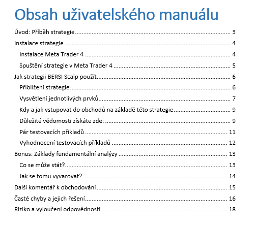Obsah uživatelského manuálu