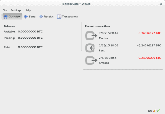 Ukázka jednoduché základní peněženky bitcoin core.