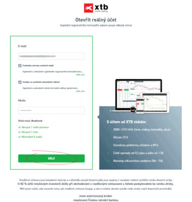 XTB broker registrace - krok 2