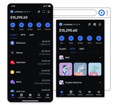 Ukázka Coinbase Wallet v mobilu a jako rozšíření do prohlížeče