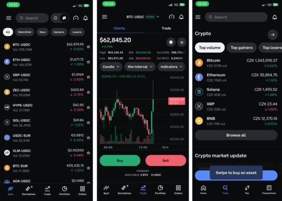 Ukázka mobilní aplikace Coinbase