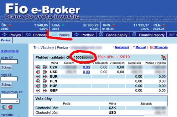 Pro vklad peněz na eBrokera převeďte CZK ze svého bankovního účtu na číslo svého investičního účtu (číslo účtu zjistíte na záložce Peníze a k němu stačí jen přidat kód banky /2010)