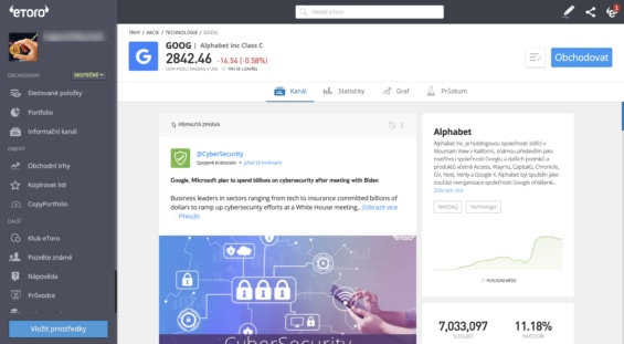 Recenze eToro: Záložka kanál u akcií Google