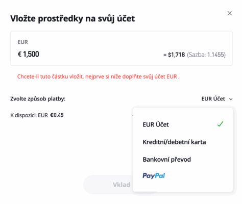 eToro recenze - možnosti vkladu a výběru peněz