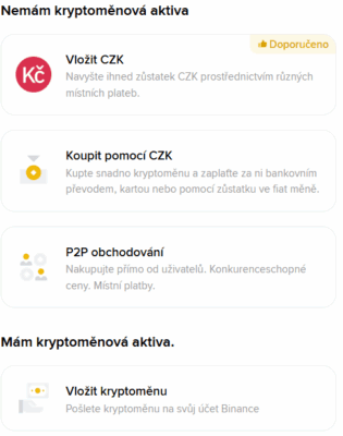 Možné způsoby vložení prostředků na Binance