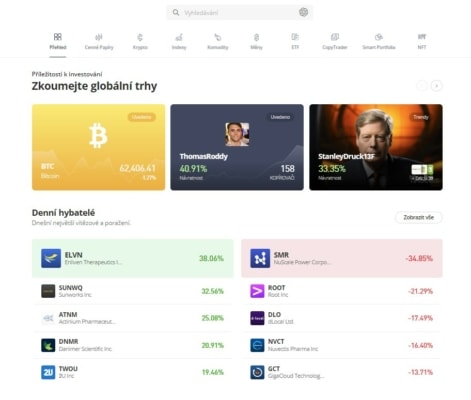 Záložka "objevit" na platformě eToro. Slouží k elegantnímu hledání a filtrování jednotlivých aktiv. 