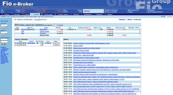 Úvodní obrazovka platformy Fio e-Brokera