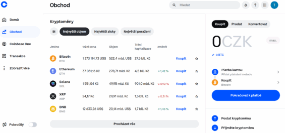 Rozhraní směnárny Coinbase