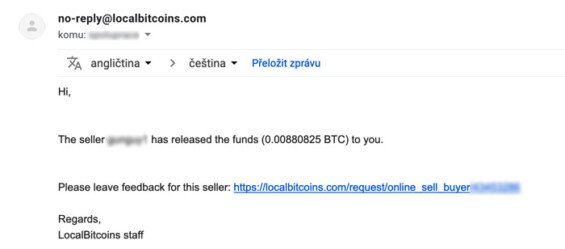 úspěšný nákup (směna) bitcoinů na localbitcoins