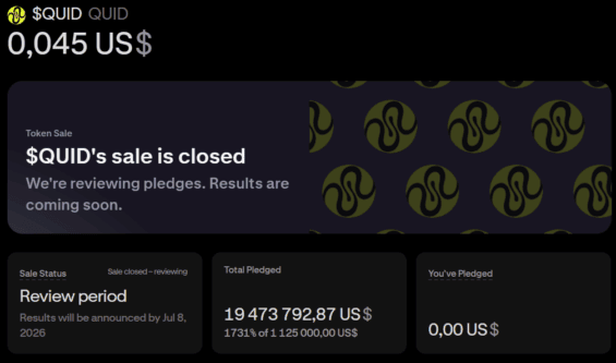 Ukázka prodeje tokenů $QUID