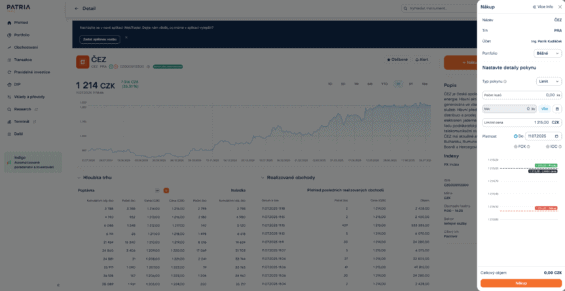 Zadání obchodního pokynu v Patria WebTrader
