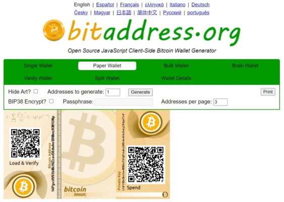 Generování papírové peněženky na bitaddress.org