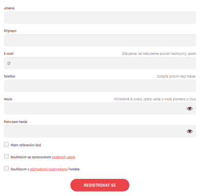 Registrační formulář Fondee