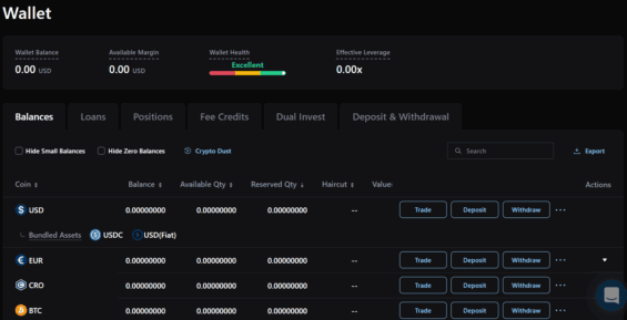 Přehled peněženky na Crypto.com