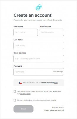 Registrační formulář na burzu gemini