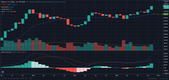 Graf vývoje bitcoinu na měsíčních svících