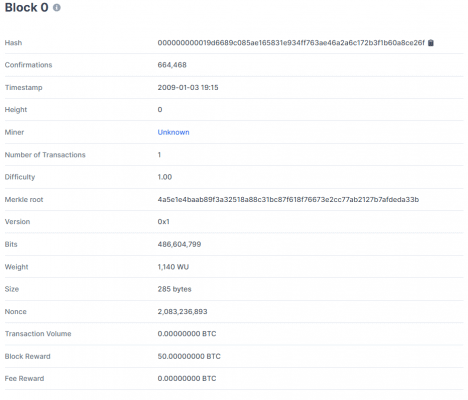 Bitcoin - záznam o vytěžení prvního bloku s názvem Block 0.