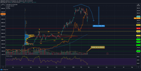 Akciový trh Tesla proložený Bitcoinem (BLX). 