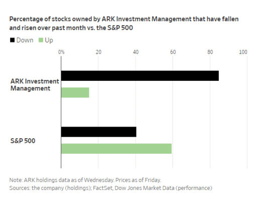 Procento akcií, vlastněných ARK, které za poslední měsíc poklesly (černě) v porovnání s širším indexem S&P 500