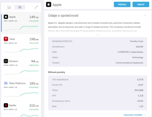 Detail akcií Apple v platformě Trading 212