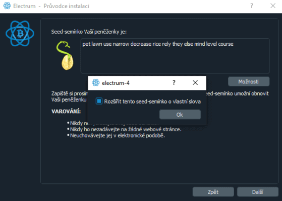 Při tvorbě nové peněženky vám Electrum zobrazí seed. Pokud kliknete na možnosti, otevře se vám okno se zaškrtávacím políčkem ohledně passphrase.
