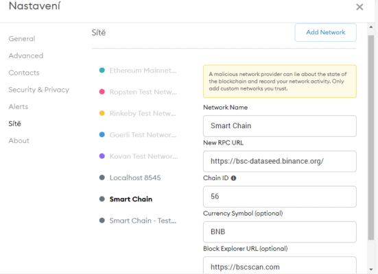 Jednotlivé sítě a vlastní nastavení