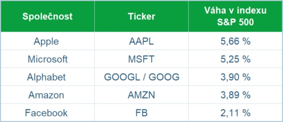 Největší pozice indexu S&P 500 k 17. 5. 2021. 