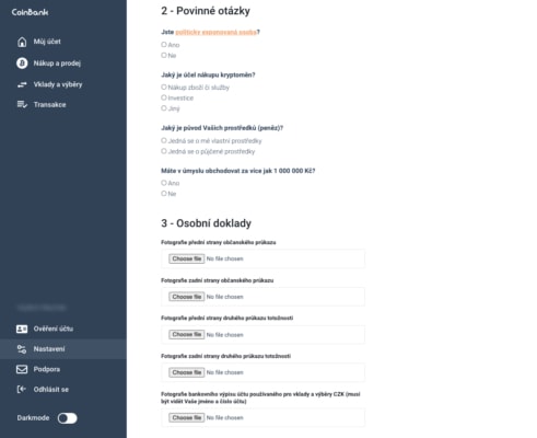 Ověření účtu u CoinBank (KYC)
