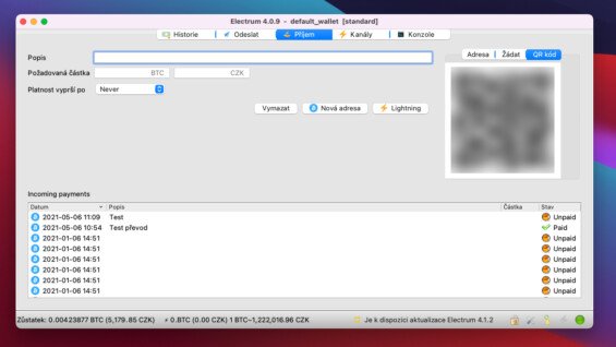 Adresa a QR kód pro příjem bitcoinů na Electrum