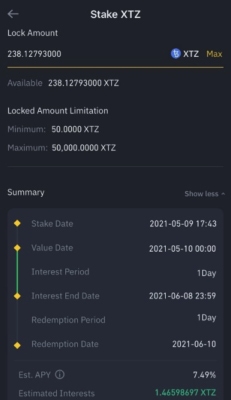 Příklad stake XTZ u Binance