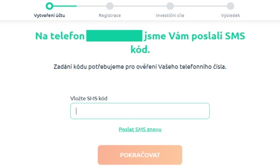 Vložení SMS kódu. 