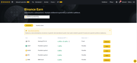 Úvodní obrazovka Binance Earn