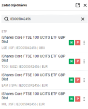 Vyhledání konkrétního ETF na platformě Degiro.