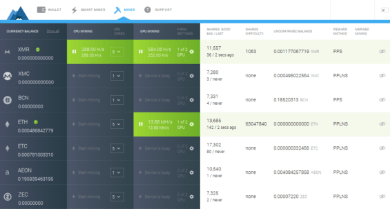 UI těžebího programu MinerGate.