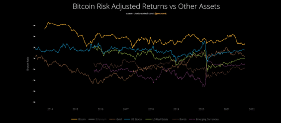 Sharpeho ratio - Bitcoin proti ostatním druhům aktiv (čím vyšší, tím lepší -ukazatel porovnává zisk/volatilitu)