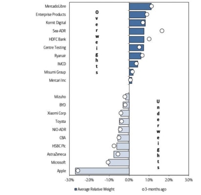 Změny ve velikosti pozic akciových podílových fondů – nejoblíbenější/nejméně oblíbené akcie. 