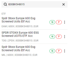 Vyhledání konkrétního ETF na platformě Degiro. 