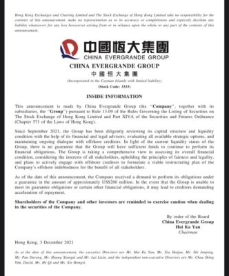 Páteční prohlášení Evegrande ohledně finanční situace