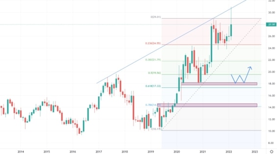 Měsíční akciový graf společnosti NortonLifeLock