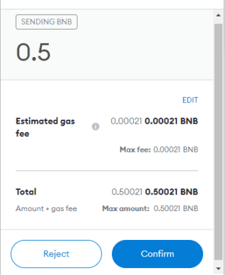 Výše poplatku při přesunu 0.5 BNB z jedné adresy na druhou
