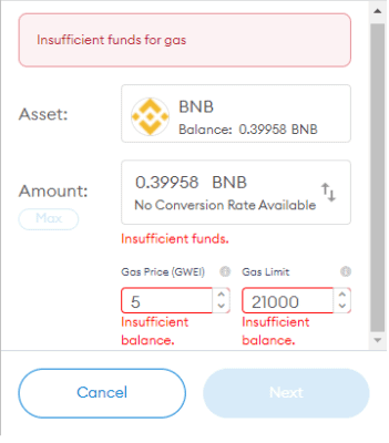 Chyba kvůli nedostatku finančních prostředků pro poplatky