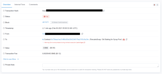 Neuskutečněná transakce kvůli nedostatečnému gas limitu