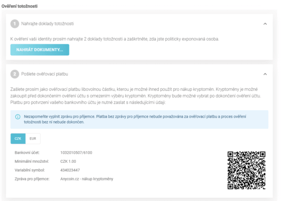 Ověření totožnosti na směnárně Anycoin