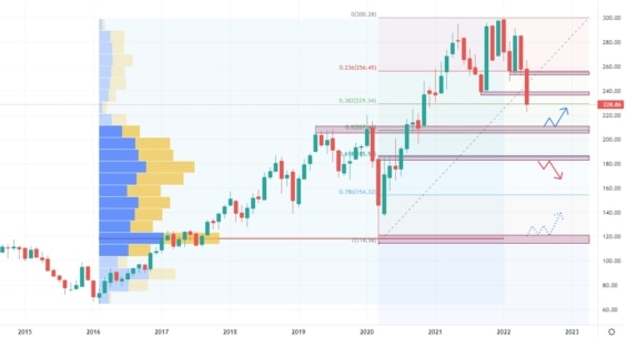 Měsíční akciový graf společnosti Norfolk Southerm