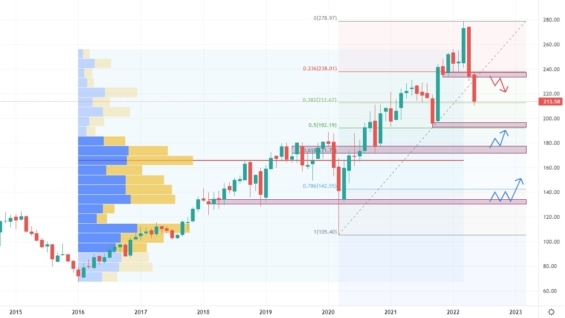 Měsíční akciový graf společnosti Union Pacific