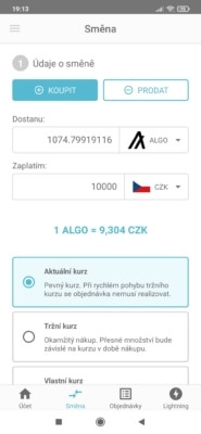 Rozhraní mobilní aplikace směnárny Anycoin