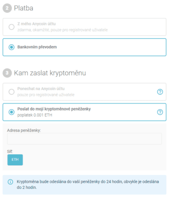 Anycoin - Volba platby a odeslání na kryptoměnovou peněženku