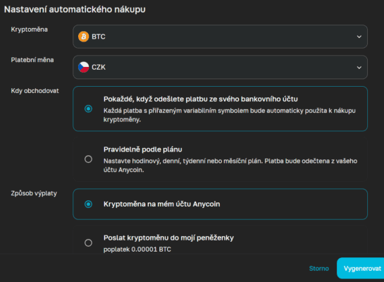Nastavení DCA na Anycoinu
