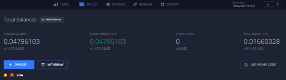 Zobrazení zůstatku kryptoměn na burze Margex