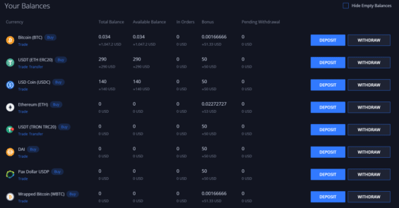 Zůstatek kryptoměn - prostor pro vklad či výběr